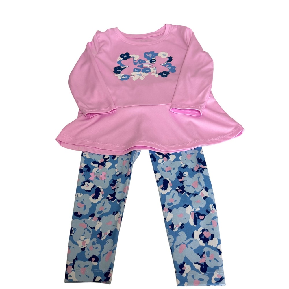 Under Armour Kids Girls 18M Pink Peplum Top and Floral Leggings Set Activewear